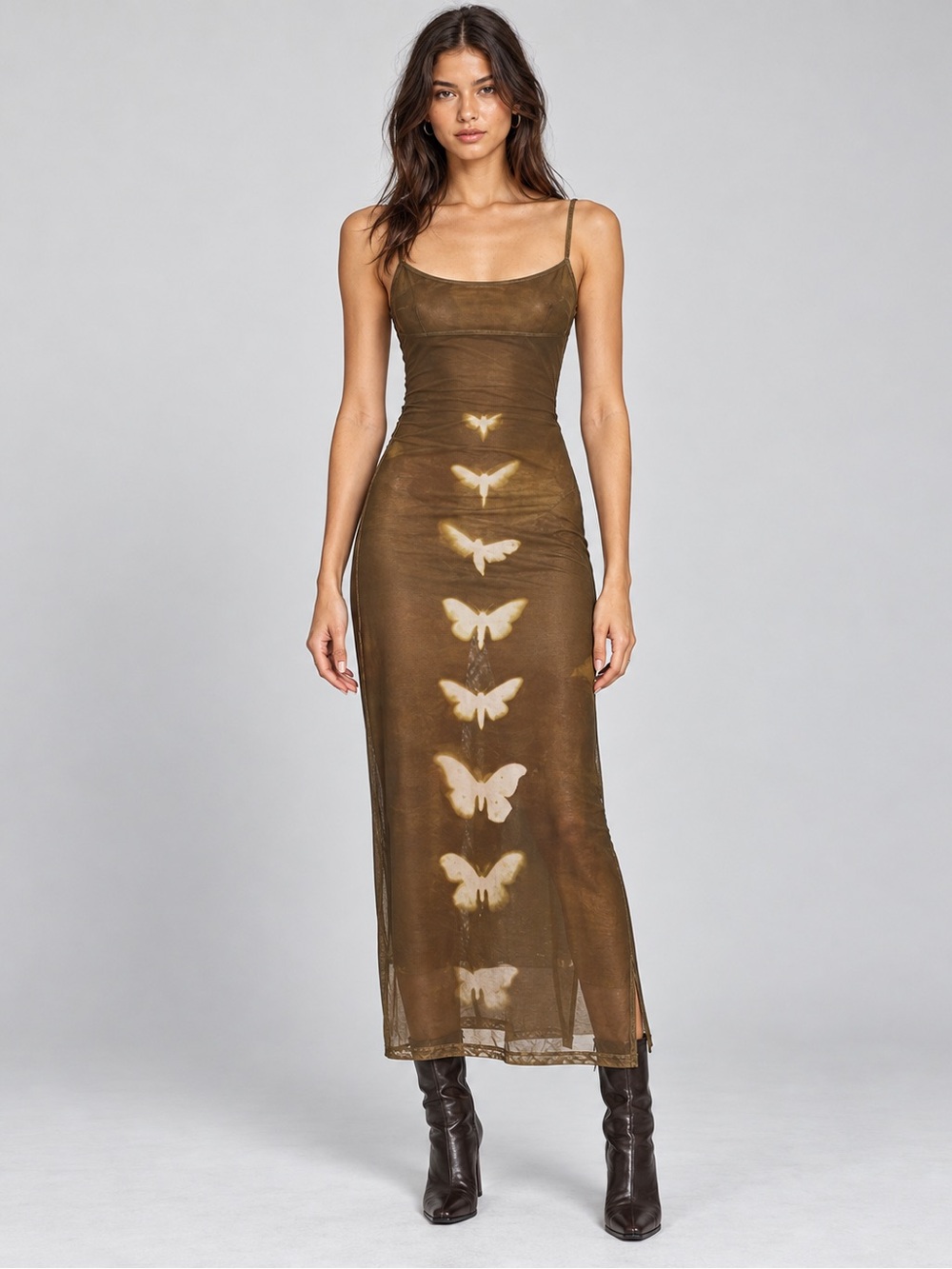 Olive Butterfly Slip Dress - Women's Sleeveless Maxi